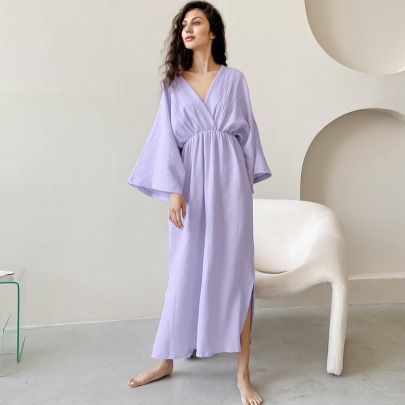 Solid Color Double-layer Gauze Nine-point Sleeve Slit Nightdress NSMSY139238