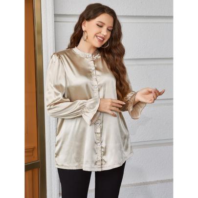 Plus Size Solid Color Faux Silk Satin Loose Long-sleeved Top NSWFC139275