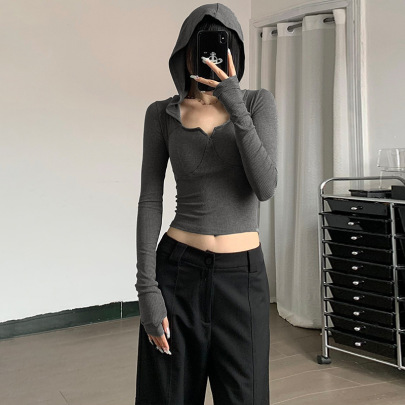 Solid Color Hooded Long-sleeved Slim High Waist Bottoming Shirt NSTNV139300