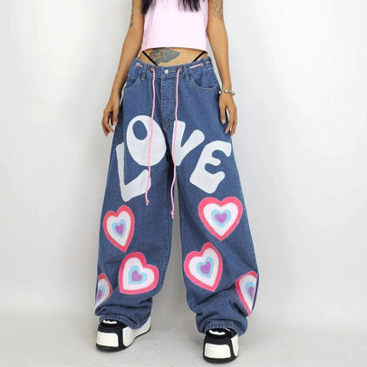 High Waist Love Print Loose Lace-up Jeans NSGXF139305
