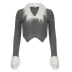 stitching furry lapel irregular slim crop knitted jacket NSGXF139311