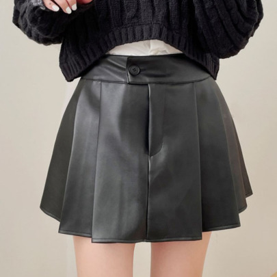 Solid Color High Waist Short Faux Leather Pleated Skirt NSGXF139315