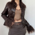 retro Fur collar splicing faux leather slim jacket NSGXF139326