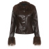 retro Fur collar splicing faux leather slim jacket NSGXF139326