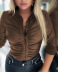 solid color PU leather long-sleeved lapel pleated shirt NSSRX139336