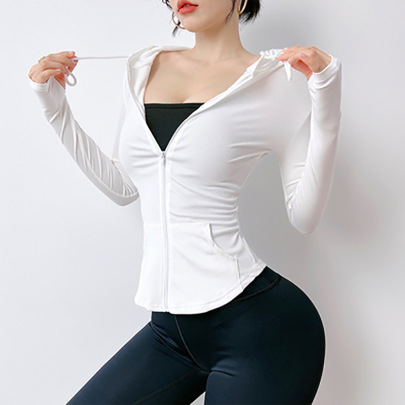 Zipper Solid Color Long Sleeve High-elastic Hooded Yoga Top NSYWH139356