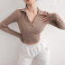 lapel high-elastic long slleeve v neck solid color knitted thread yoga top NSYWH139360