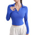 lapel high-elastic long slleeve v neck solid color knitted thread yoga top NSYWH139360