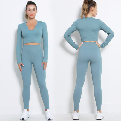 Hip-lifting High-elastic U-neck Long-sleeved Seamless Solid Color Threaded Yoga Suit NSYWH139362