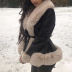tie-waist stitching slim-fit long-sleeved solid color PU leather fur collar jacket NSYDL139375