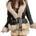 tie-waist stitching slim-fit long-sleeved solid color PU leather fur collar jacket NSYDL139375