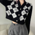 rhombic stitching long sleeve color contrast woolen jacket NSGXF139396