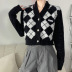 rhombic stitching long sleeve color contrast woolen jacket NSGXF139396