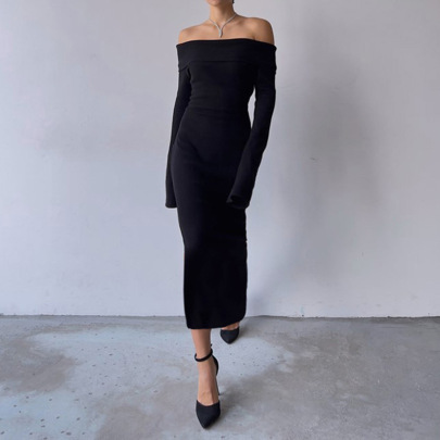 One-shoulder Long Sleeve Slim Solid Color Knitted Dress NSGXF139404