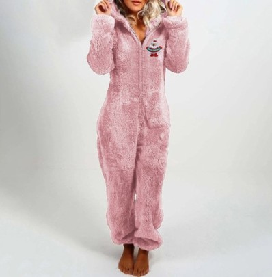 Hooded Long Sleeve Warm Solid Color Plus Velvet Thick Fur One-piece Pajamas NSZXS139340