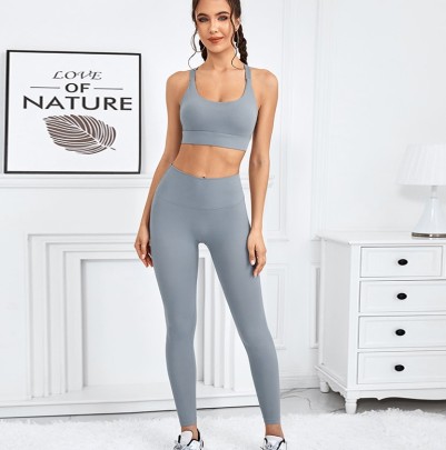Hip-lifting High-elastic High Waist Backless Solid Color Yoga Two-piece Set NSYWH139363