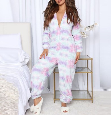 Hooded Thick Long Sleeve Leopard Print Flannel One-piece Pajamas  NSYDL139372