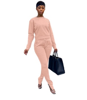 Zipper Solid Color Long Sleeve Round Neck Casual Top And Pants Two-piece Suit NSLML139347