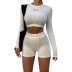 solid color Knitted round neck long-sleeved top short shorts two-piece set NSFLY138177