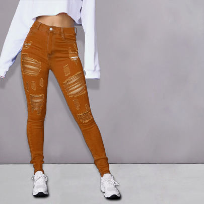 Solid Color High Waist Ripped Skinny Jeans NSWL138206