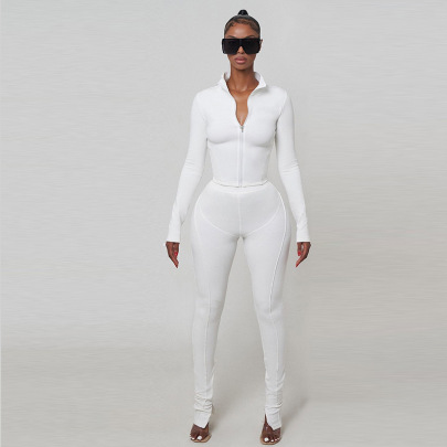 Solid Color Zipper Stand Collar Long-sleeved Jacket Fitness Yoga Trousers Set NSJYF138219