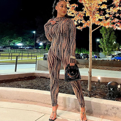 Standing Collar Printing Long-sleeved Tight-fitting Hip-lifting Long-sleeved Jumpsuit NSJYF138224