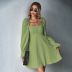 solid color Long Puff Sleeve Square Neck Waist  A-Line Dress NSYSQ138245