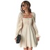 solid color Long Puff Sleeve Square Neck Waist  A-Line Dress NSYSQ138245