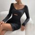 solid color hollow V-neck waist knitted long-sleeved sheath dress NSYSQ138246