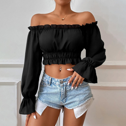 Solid Color Waist Ruffle One-word Collar Long-sleeved Crop Top NSYSQ138248