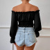 solid color waist ruffle one-word collar long-sleeved crop top NSYSQ138248