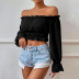 solid color waist ruffle one-word collar long-sleeved crop top NSYSQ138248