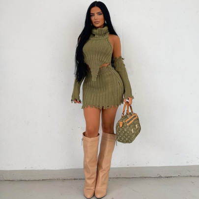 Solid Color Knitted High Collar Irregular Top With Long Sleeves Short Skirt Three-piece Set NSLGF138286