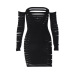 solid color hollowed-out long-sleeved one-word collar slim dress NSLGF138287