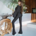 solid color slit flared pants long-sleeved round neck top lounge set NSLJ138314