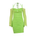 solid color backless long-sleeved mesh slip dress NSHT138319