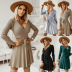 solid color V-neck pleated long sleeve knitted short A-line dress NSHYG138327
