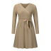 solid color V-neck pleated long sleeve knitted short A-line dress NSHYG138327