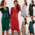 solid color Slim fit V-neck double-breasted knitted dress NSHYG138328