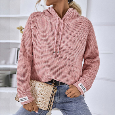 Solid Color Knitted Drawstring Long Sleeve Hoodie NSMMY138340