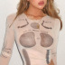 camiseta corta transparente de malla con cuello ondulado estampada y manga larga NSLGF138366