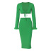 solid color V-neck hairy long-sleeved tie top skirt elastic skirt set NSLJ138368