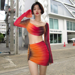 Gradient Color Square Neck Long Sleeve Top And Short Skirt Set NSLJ138370