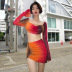 gradient color square neck long sleeve top and short skirt set NSLJ138370