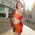 gradient color square neck long sleeve top and short skirt set NSLJ138370