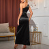 solid color satin sequins high slit oblique shoulder long dress NSHT138371
