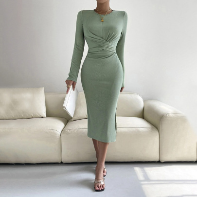 Solid Color Round Neck Mid-length Long-sleeved Sheath Dress NSYSQ138374
