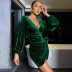 solid color waist pleated v-neck long-sleeved velvet prom sheath dress NSYSQ138382