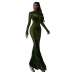 solid color mesh stitching round neck long-sleeved slim long dress NSMG138399