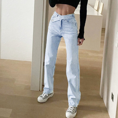 Solid Color High Waist Straight Jeans NSWL138403